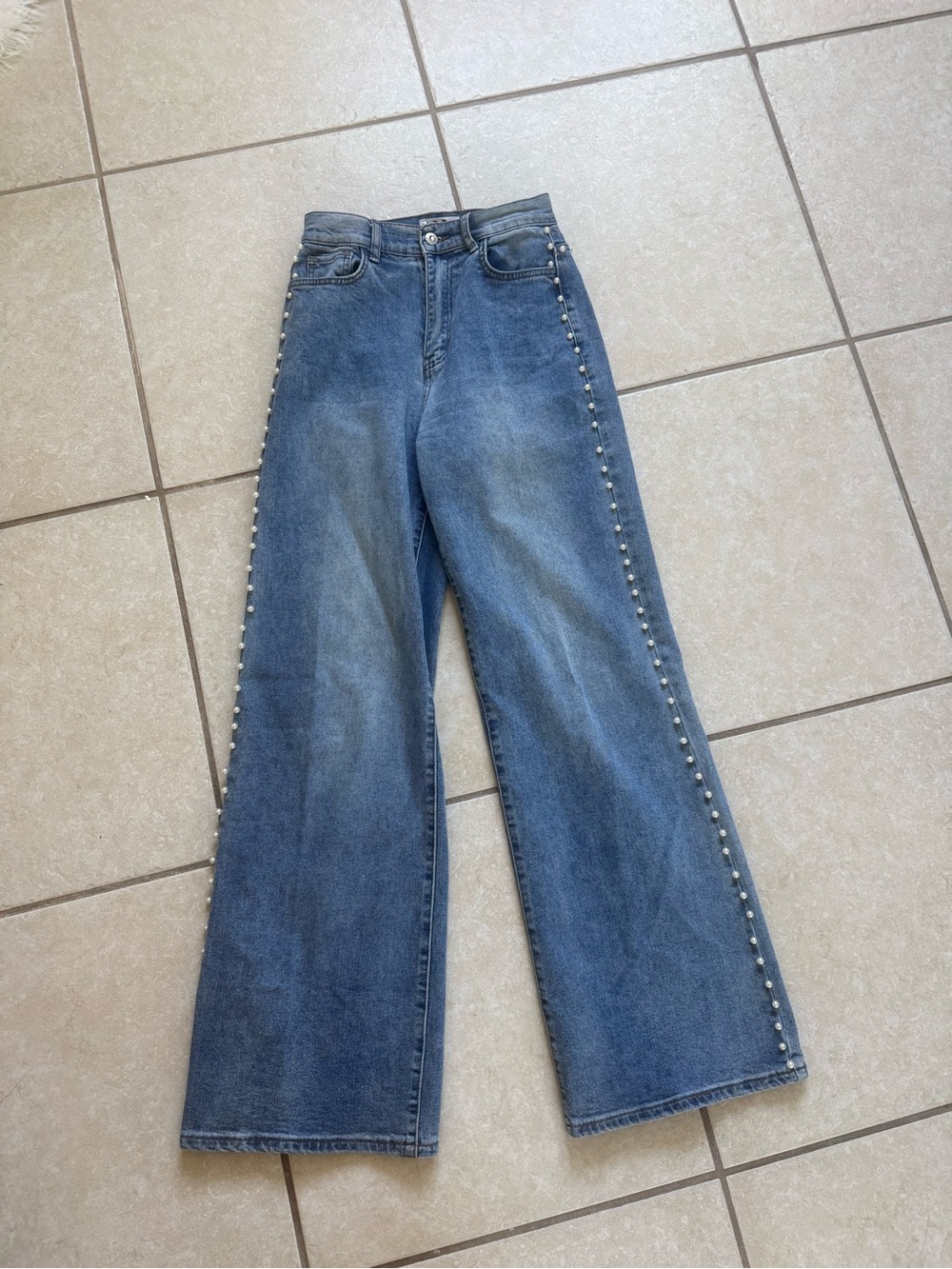 Vibrant Blue Boot-Cut Jeans with Pearl Side Trim